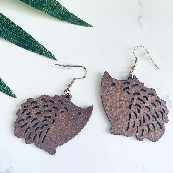 Jewelry - Dark Wood Hedgehog Animal Lasercut Dangle Earrings Unique New 2.5” Woodland